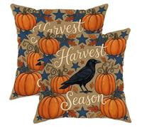 Juego de 2 fundas de almohada de calabaza, diseño de cuervo y estrellas, cosecha naranja, terciopelo suave, lavable, decorativas, para sala de estar, cama, oficina, sofá, silla, decoración de 12 x 12