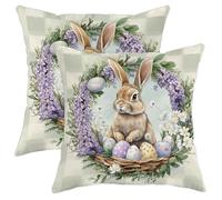 Juego de 2 fundas de almohada de conejo de Pascua, fundas de almohada florales de lavanda, fundas de cojín cuadradas decorativas de primavera para el hogar, sofá, cama, sofá, 20 x 20 pulgadas
