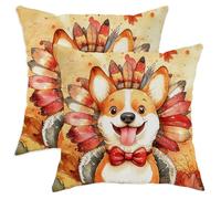 Juego de 2 fundas de almohada de Corgi de Acción de Gracias, colores otoñales con adorable diseño de perro y plumas, decoración acogedora de casa de campo para sofá, cama, 18 x 18 pulgadas