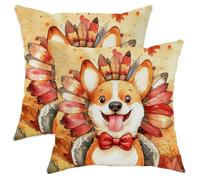 Juego de 2 fundas de almohada de Corgi de Acción de Gracias, colores otoñales con adorable diseño de perro y plumas, decoración acogedora de casa de campo para sofá, cama, 12 x 12 pulgadas