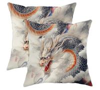 Juego de 2 fundas de almohada de dragón, fundas de cojín con patrón de nubes blancas y naranjas, fundas de cojín cuadradas decorativas para exteriores, estilo asiático, fundas de cojín para el hogar