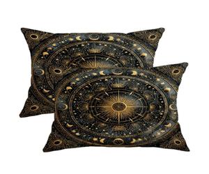 Juego de 2 fundas de almohada de fases lunares, color azul medianoche, dorada, luna, estrella, decoración vintage de astrología mística para sofá, cama, sofá, 14 x 24 pulgadas