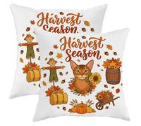 Juego de 2 fundas de almohada de gato abisinio otoñal de 12 x 12 pulgadas, juego de fundas de almohada suaves de cosecha de otoño con cremallera, patrón de espantapájaros de granja, decoración de