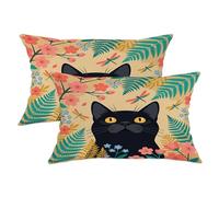 Juego de 2 fundas de almohada de gato, diseño de flores y helechos primaverales, color negro, de terciopelo suave, lavable, para el hogar, dormitorio, sala de estar, sofá, decoración de 20 x 12