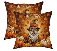 Juego de 2 fundas de almohada de gnomo de perro bulldog otoñal de 18 x 18 pulgadas, juego de 2 fundas de almohada suaves con cremallera, patrón de terciopelo, decoración para sofá, sala de estar