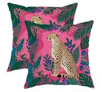 Juego de 2 fundas de almohada de guepardo tropical, flores de follaje de vida silvestre de verano, melocotón con patrón de cremallera oculta, fundas de almohada para decoración de dormitorio, sala de