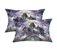 Juego de 2 fundas de almohada de Halloween Haunted House Brittanys Dog de 12 x 20 pulgadas, juego de fundas de almohada suaves y divertidas con cremallera, decoración espeluznante para sofá, sala de