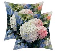 Juego de 2 fundas de almohada de hortensias, acuarela botánica, flores azules, hojas verdes, azul primavera, con cremallera oculta, fundas de almohada para sofá, sala de estar, dormitorio, loft