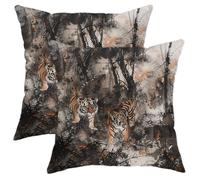 Juego de 2 fundas de almohada de la selva, diseño de tigre botánico, fundas de cojín cuadradas decorativas de otoño para el hogar, sofá, cama, sofá, 20 x 20 pulgadas