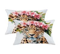 Juego de 2 fundas de almohada de leopardo, flores tropicales modernas, hojas de verano, beige, con cremallera oculta, fundas de almohada para sofá, sala de estar, apartamento, cama, sofá, decoración
