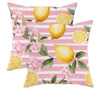 Juego de 2 fundas de almohada de limón con flores de cerezo tropicales, flores de verano, frutas, retro, a rayas, rosas, acogedoras, de terciopelo, lavable, para interiores, sala de estar, sofá, cama