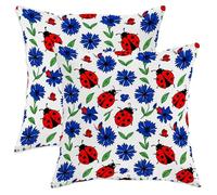 Juego de 2 fundas de almohada de mariquita, diseño floral juguetón de hojas de primavera rojo, terciopelo suave, lavable, para sala de estar, dormitorio, loft, oficina, decoración de coche, 14 x 14
