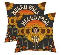Juego de 2 fundas de almohada de otoño con diseño de perro Pitbull de 12 x 12 pulgadas, cómodo juego de fundas de almohada de terciopelo con estampado de girasol retro otoñal con cremallera, patrón de