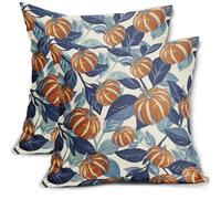 Juego de 2 Fundas de Almohada de otoño de 40,6 x 40,6 cm, con Estampado de Hojas otoñales de Calabaza en Azul y Naranja Quemado, para Exteriores, Estilo rústico, Estilo Granja, decoración de tempor