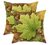 Juego de 2 fundas de almohada de otoño, hojas de arce verde, bellota, gotas de agua, cojines cuadrados decorativos, decoración de granja de cosecha otoñal para el hogar, sofá, 22 x 22 pulgadas