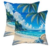 Juego de 2 fundas de almohada de palmera, océano costero tropical, playa, verano, azul, suave, lavable, fundas decorativas para sala de estar, cama, oficina, sofá, silla, decoración de 18 x 18