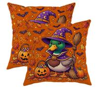 Juego de 2 fundas de almohada de pato, calabazas juguetonas, escobas, Halloween, naranja con cremallera oculta, almohadas decorativas para el hogar, dormitorio, sala de estar, sofá, decoración de 18 x