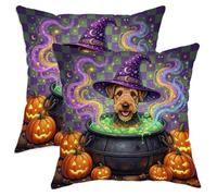 Juego de 2 fundas de almohada de perro Airedale Terrier de Halloween, fundas de almohada suaves con estampado de caldero navideño, 12 x 12 pulgadas, diseño de bruja, decoración de terciopelo para sofá