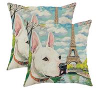 Juego de 2 fundas de almohada de perro Bull Terrier de primavera de 12 x 12 pulgadas, juego de 2 fundas de almohada románticas suaves y cómodas, diseño de torres románticas, patrón de mascotas, sofá