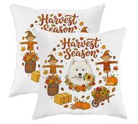 Juego de 2 fundas de almohada de perro samoyedos otoñales de 16 x 16 pulgadas, juego de fundas de almohada suaves de cosecha de otoño con cremallera, patrón de espantapájaros de granja, decoración de