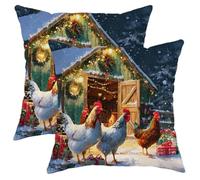 Juego de 2 fundas de almohada de pollo, diseño rústico de granero, luces de Navidad, color verde con cremallera oculta, fundas de almohada para el hogar, dormitorio, sala de estar, sofá, decoración de