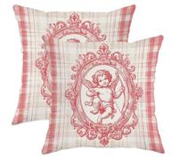 Juego de 2 fundas de almohada de querubín con marco floral romántico vintage a cuadros rojo de San Valentín de terciopelo suave lavable para sala de estar, cama, oficina, sofá, silla, decoración de 28