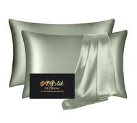Juego de 2 Fundas de Almohada de Seda de Morera estándar, Suaves, antiacné, sueño de Belleza, satén de Seda Natural en Ambos Lados, Paquete de 2 con Cremallera para Regalo, Color Verde Salvia