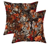 Juego de 2 fundas de almohada de selva tropical, fundas de almohada de flora de tigre naranja atrevido, fundas de cojín decorativas cuadradas exóticas para el hogar, sofá, cama, sofá, 18 x 18 pulgadas