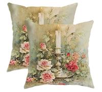 Juego de 2 fundas de almohada de terciopelo suave, lavables, cuadradas, vintage, románticas, hojas de rosa, sin melocotón, para el hogar, dormitorio, sala de estar, sofá, decoración de 28 x 28