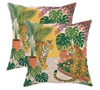 Juego de 2 fundas de almohada de tigre botánico tropical, orquídea de palma de verano, terciopelo suave, lavable, detalles lavables para el hogar, sala de estar, dormitorio, sofá, decoración de 14 x