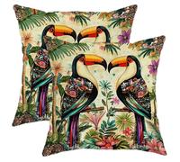 Juego de 2 fundas de almohada de tucán tropical, cojines decorativos de pájaros coloridos y flores, decoración del hogar con temática de naturaleza de verano para sofá, cama, 24 x 24 pulgadas