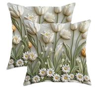 Juego de 2 fundas de almohada de tulipanes, flores naturales de crisantemo con hojas de primavera blancas, terciopelo suave, lavables, cuadradas, para sala de estar, dormitorio, loft, oficina, coche