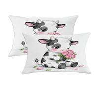 Juego de 2 fundas de almohada de vaca, bonitas rosas y hojas de primavera negras con cremallera oculta, fundas de almohada decorativas para sala de estar, cama, oficina, sofá, silla, decoración de 20