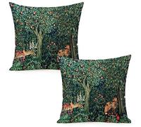 Juego de 2 fundas de almohada de William Forest Fox Hares Blue Green Floral Morris de 18 x 18 pulgadas, almohada estética para dormitorio, decoración de terciopelo, funda de almohada para decoración
