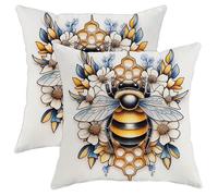 Juego de 2 fundas de almohada decorativas de abeja y flores, almohadas florales blancas, decoración del hogar de temporada de primavera para sofá, cama, estilo rústico de granja, 14 x 14 pulgadas