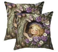 Juego de 2 fundas de almohada decorativas de cuento de hadas de primavera, diseño de mariposa floral violeta, estilo bosque encantado, fundas de cojín para el hogar, sofá, cama, sofá, 16 x 16 pulgadas