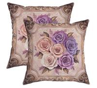 Juego de 2 fundas de almohada florales suaves con patrón de rosa lavanda, elegantes fundas de cojín para decoración de granja de primavera para sala de estar, sofá, cama, sofá, 16 x 16 pulgadas