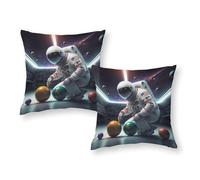 Juego de 2 Fundas de Almohada Ligeras y Transpirables con diseño de Astronauta flotando Entre Planetas de Colores. Ideales para el hogar y el Hotel, 45 x 45 cm.