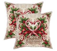 Juego de 2 fundas de almohada Merry Christmas Candy Cane Holly Canes de 14 x 14 pulgadas