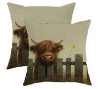 Juego de 2 fundas de almohada otoñales, diseño de vaca de las tierras altas beige con flores, fundas de cojín decorativas rústicas para decoración de casa de campo, fundas de cojín para sala de estar