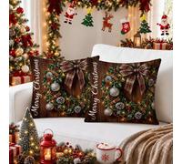 Juego de 2 fundas de almohada rústicas de corona de Navidad de 16 x 16 | Lazo rústico a cuadros, fundas de cojín, piñas y acebo, estilo granja, decoración de invierno para el hogar