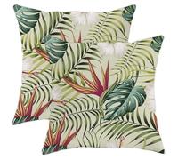 Juego de 2 fundas de almohada tropicales con cremallera, diseño de hojas y flores, bonitas plantas botánicas, de terciopelo verde y rosa, cómodas, lavables, para dormitorio, sala de juegos, oficina