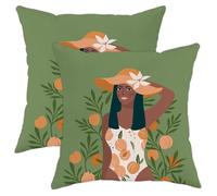 Juego de 2 fundas de almohada tropicales con cremallera para llevar sombrero, diseño de hojas botánicas, flores, melocotón, fruta, verde, marrón, naranja, terciopelo, cómodas, lavables, para sofá