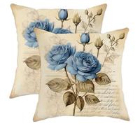 Juego de 2 fundas de almohada vintage con diseño de flores, elegantes, retro, bonitas hojas de libro, letras azules, rosas, marrones, acogedoras, terciopelo, lavable, para interiores, sala de estar