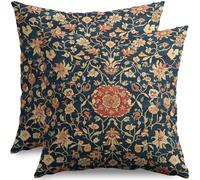 Juego de 2 fundas de almohada vintage de 16 x 16 pulgadas, color azul, naranja quemado, amarillo, patrón floral, patrón de tapiz decorativo, fundas de almohada decorativas para exteriores, granja,
