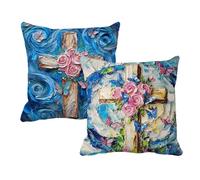 Juego de 2 Fundas de Cojín 30x30 Lino Azul Cruz, Fundas Almohada Decorativas para Sofá Cama Salón, Doble Cara Estampado con Cremallera Invisible, Decoración Hogar Moderno, Regalo para Mujer, -#b214s