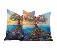 Juego de 2 Fundas de Cojín 35x35 Terciopelo Vistoso Árbol de la vida,Fundas Almohada Decorativas para Sofá Salón,Doble Cara Estampado con Cremallera Invisible,Decoración Hogar Moderno Regalo,-#b222s