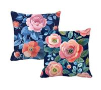Juego de 2 Fundas de Cojín 45x45 Lino Marina de guerra Rosas rosadas,Fundas Almohada Decorativas para Sofá Salón,Doble Cara Estampado con Cremallera Invisible,Decoración Hogar Moderno Regalo,-#b338s