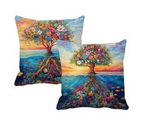 Juego de 2 Fundas de Cojín 50x50 Lino Vistoso Árbol de la vida,Fundas Almohada Decorativas para Sofá Cama Salón,Doble Cara Estampado con Cremallera Invisible,Decoración Hogar Moderno Regalo,-#b222s