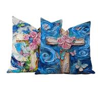Juego de 2 Fundas de Cojín 55x55 Terciopelo Azul Cruz, Fundas Almohada Decorativas para Sofá Cama Salón, Doble Cara Estampado con Cremallera Invisible, Decoración Hogar Moderno Regalo, -#b214s